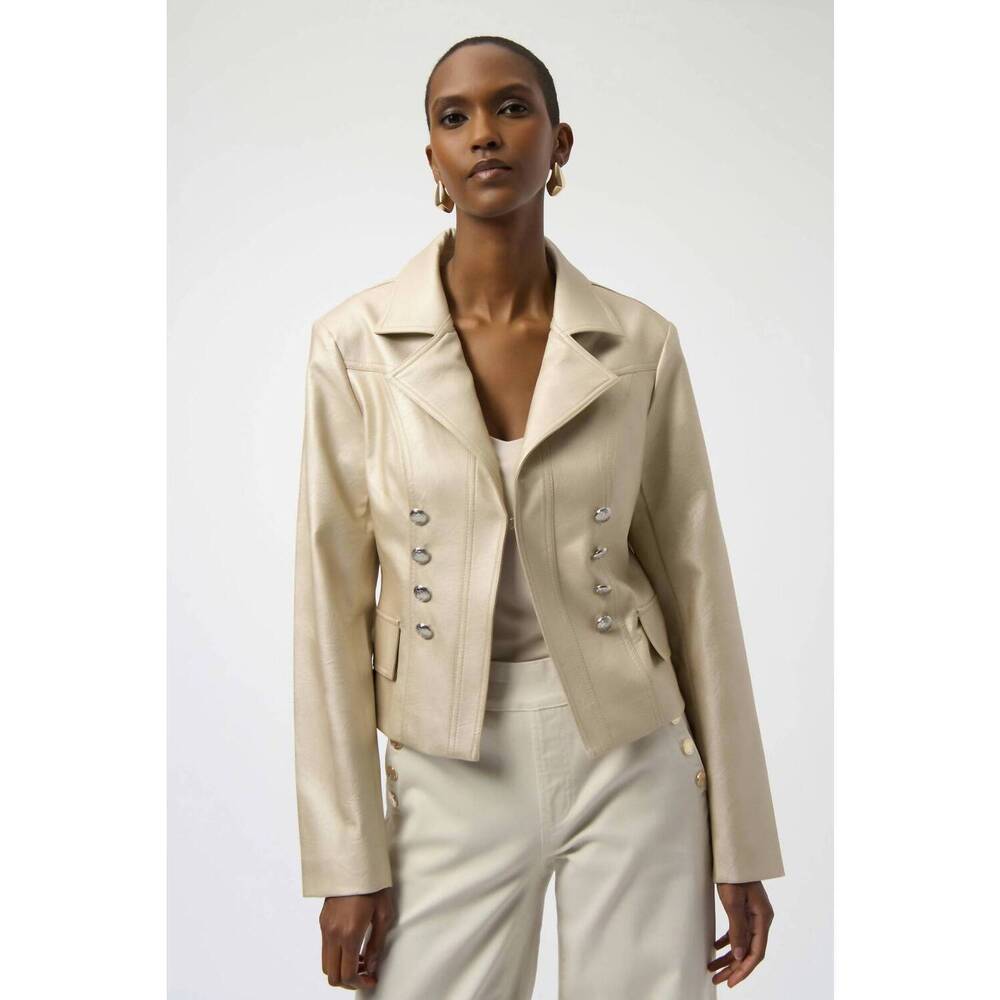 NEW JOSEPH RIBKOFF leatherette notched collar fitted jacket in gold